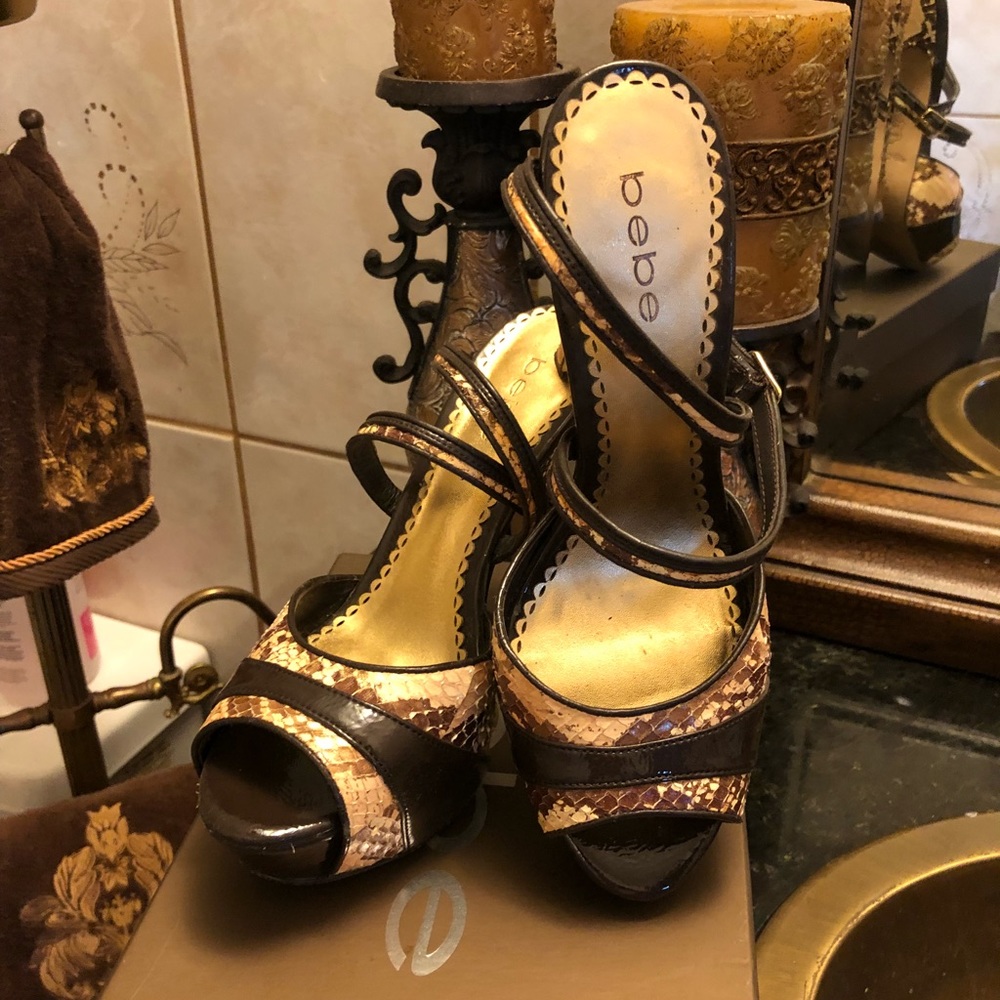 Bebe open toe ankle strap platform heel.